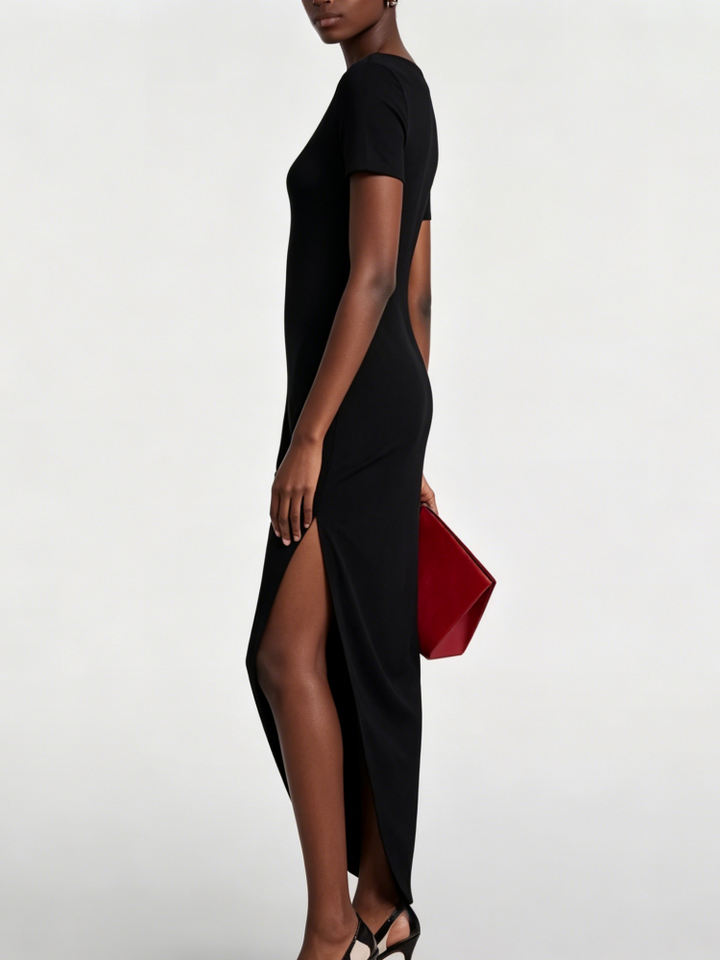 Bateau Backless Asymmetrical Slit Midi Dress