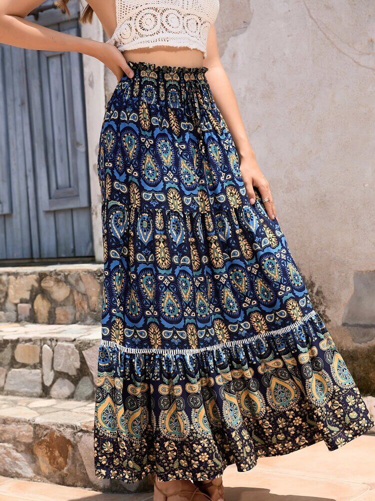Bohemian Shirred High Waist Skirt Sa Asul