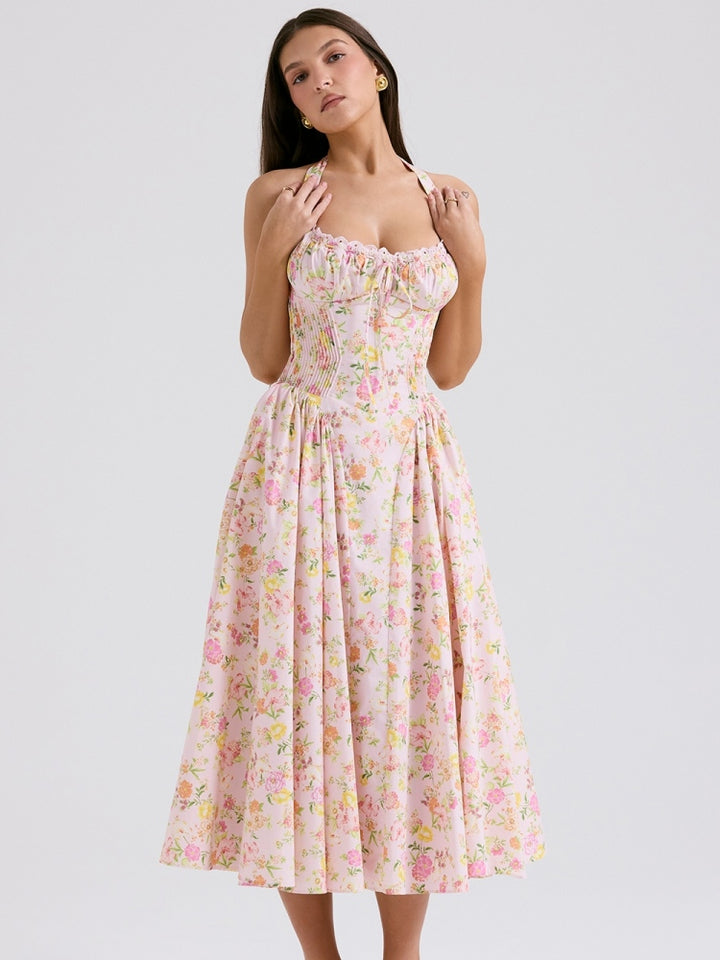 Pink Meadow Print Backless Midi Tank Dress