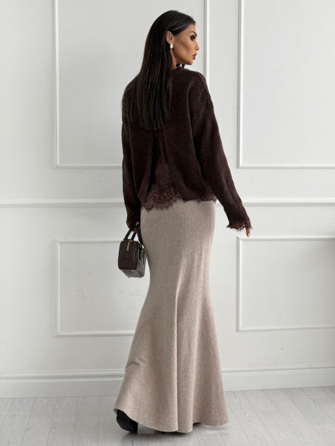 Lace-Trim Knit Sweater & Mermaid Skirt Set