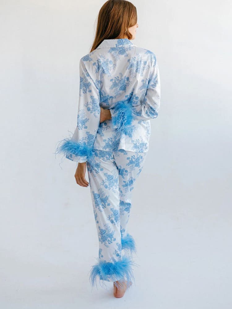 Blue Floral Print Satin Pajama Set