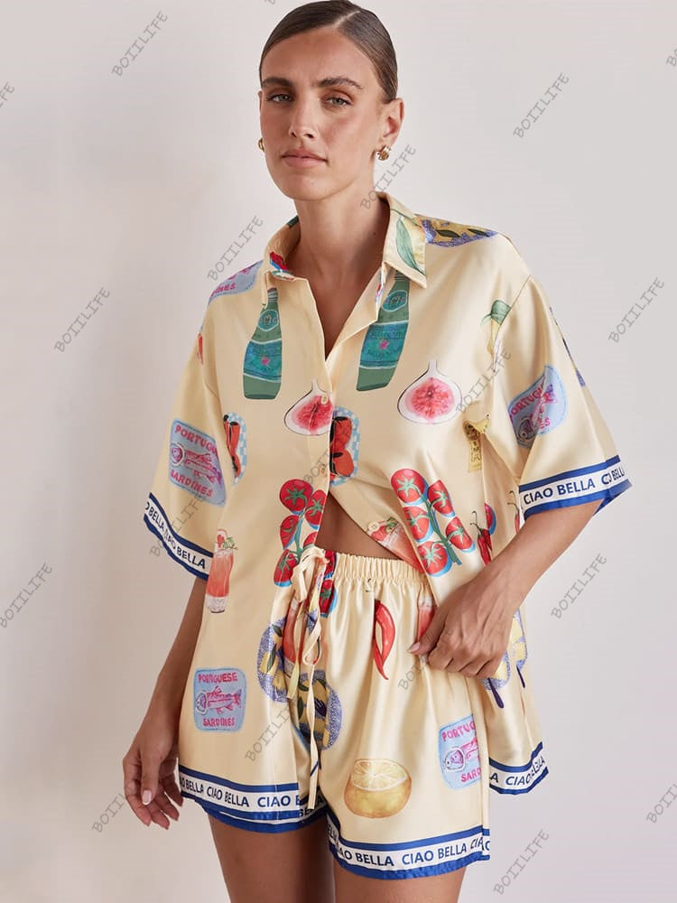 Casual tegneserieprint krave cardigan & shorts sæt