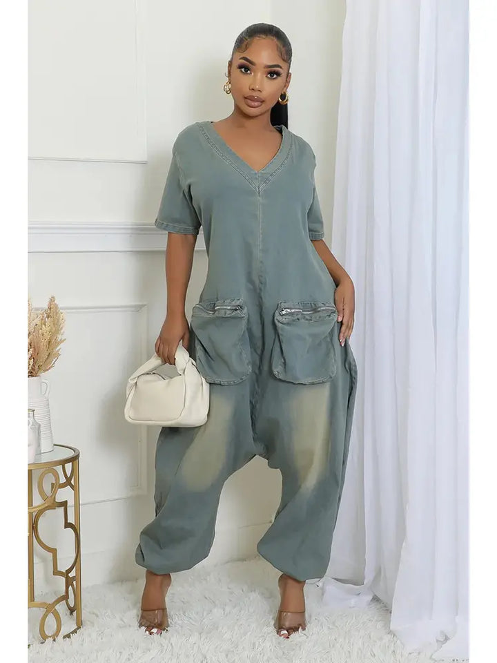 Retro Loose Jumpsuit with Pockets