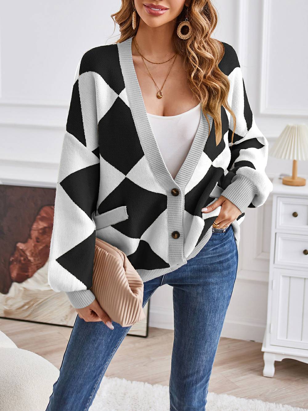 V-hals geometrisk farveblok strik cardigan