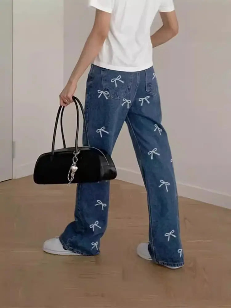 Denim broek met strikprint