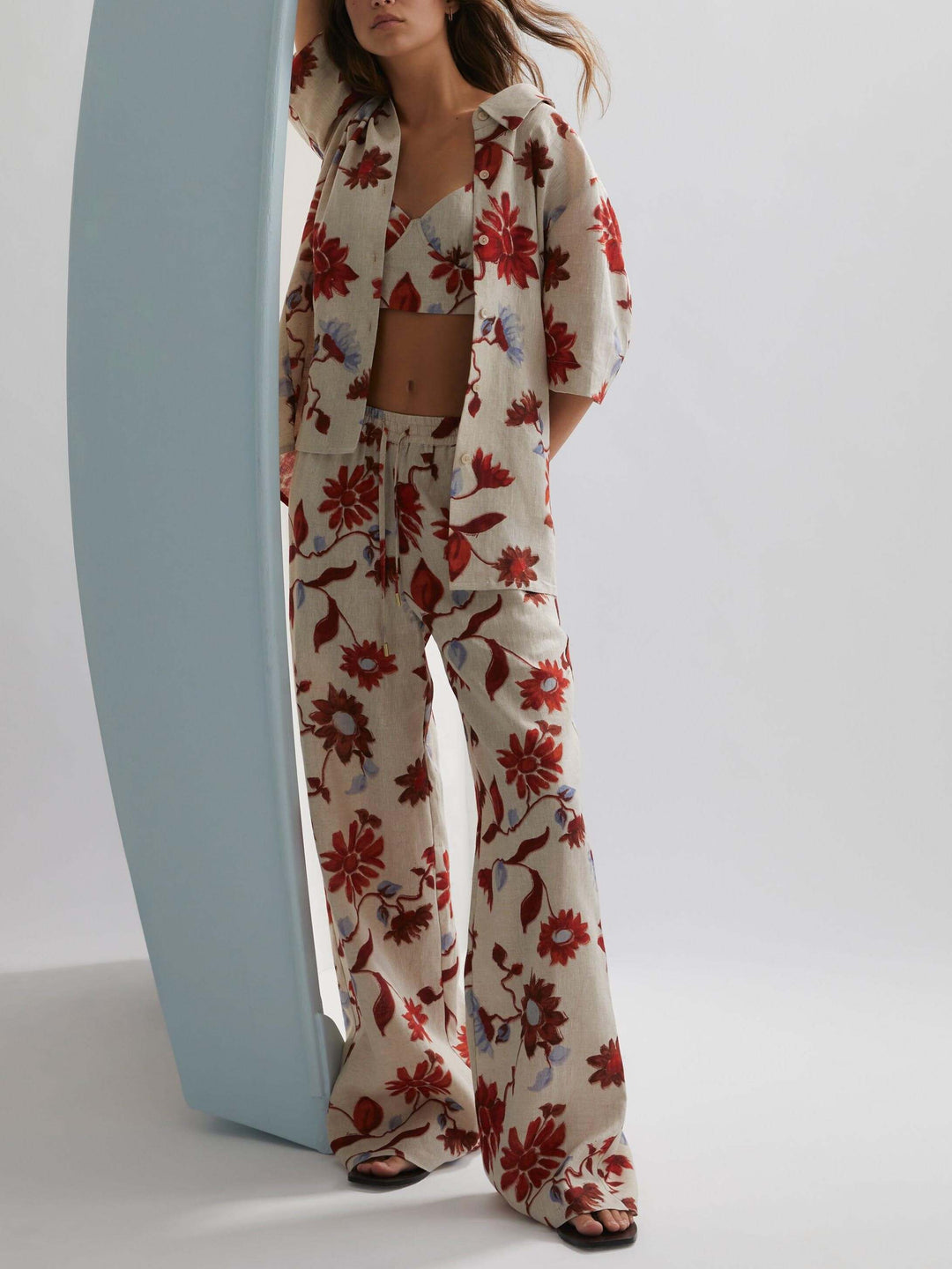 Exquisite Floral Print Lace-Up Wide-Leg Pants