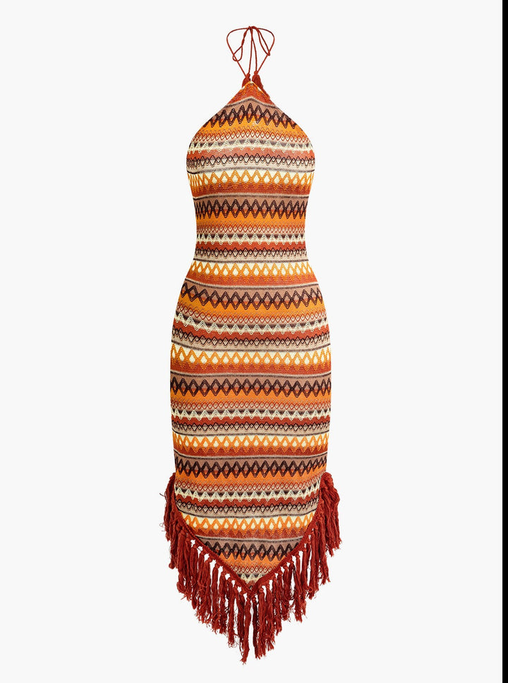 Fringe and Colorful Pattern Bohemian Halter Midi Dress