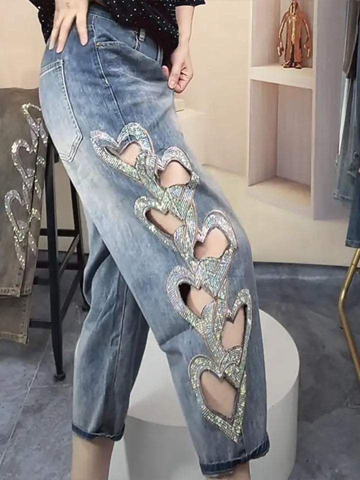 Loose Vintage Distressed Hollow-Out Embellished Jeans