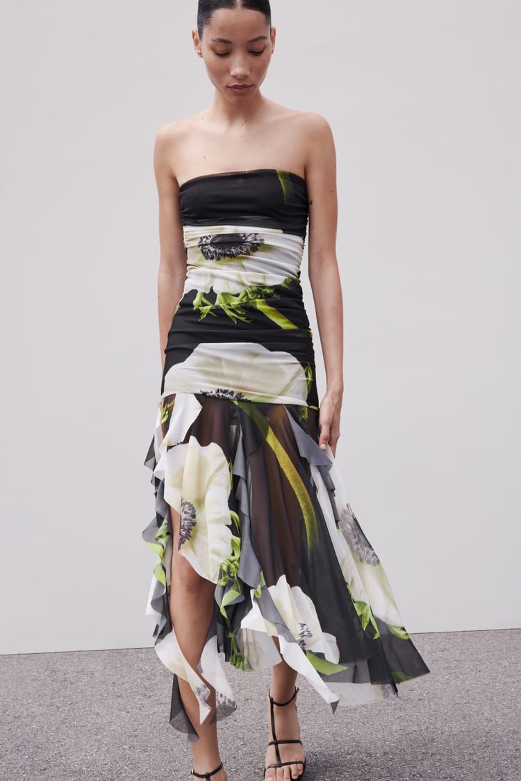 فستان جاردينيا متوسط ​​الطول بطيات شبكية وزهور