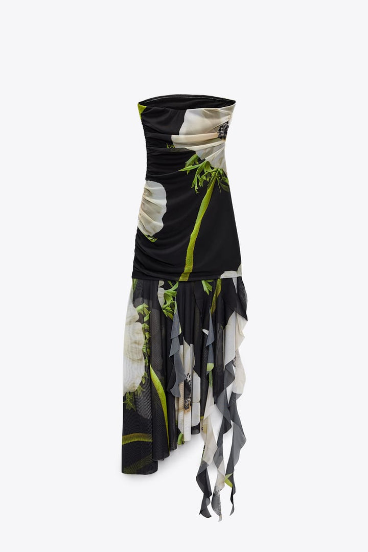 فستان جاردينيا متوسط ​​الطول بطيات شبكية وزهور