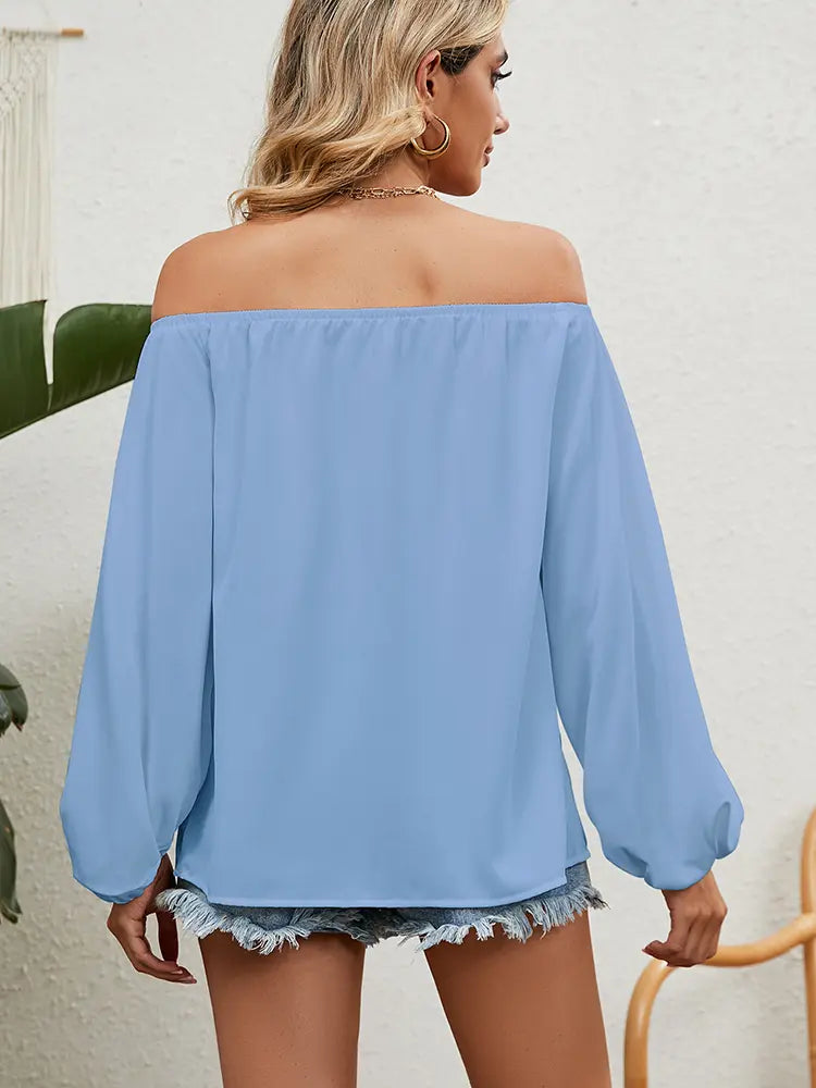 Off-Shoulder Solid Chiffon Bluse