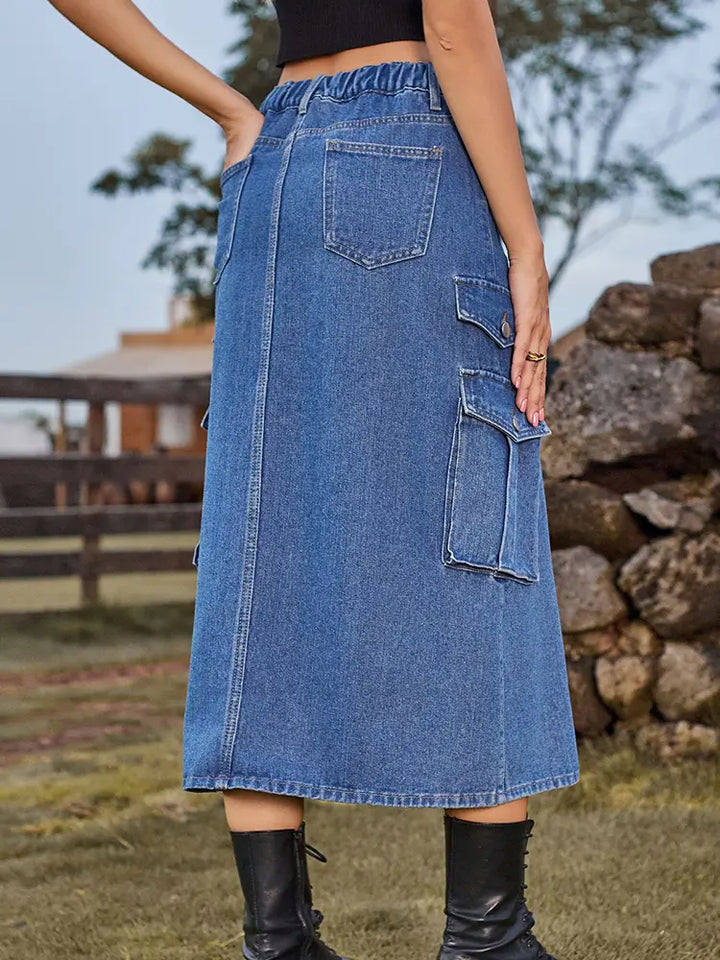 Saia de Denim com Cintura Elástica ao Estilo Americano