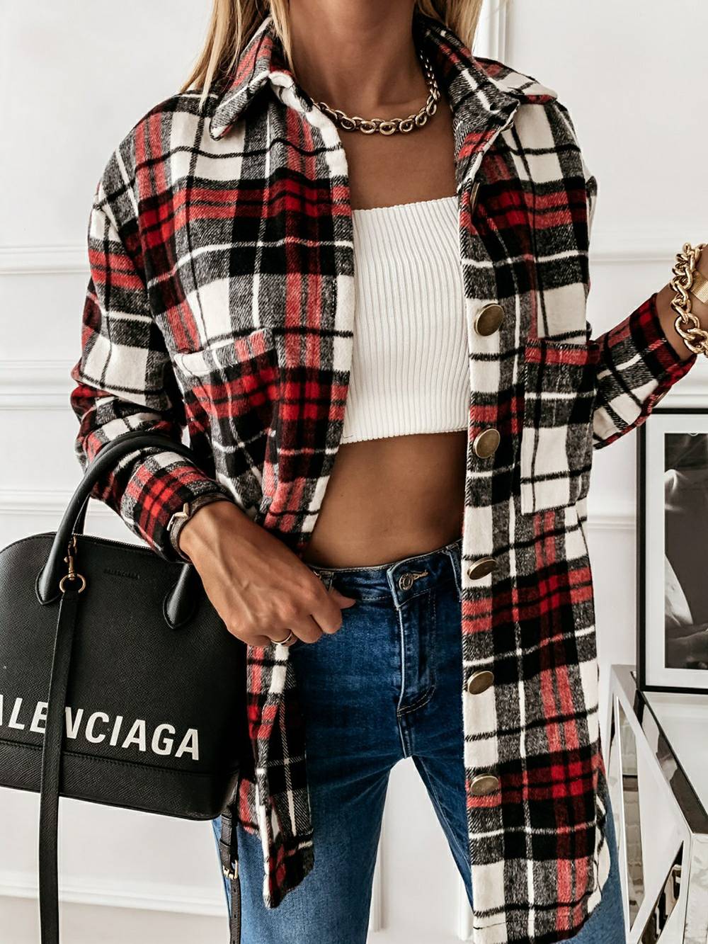 Plaid Casual Brushed Wool Cardigan Jacket