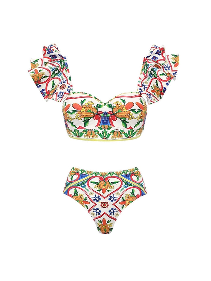 Ruffle Enamel Floral Bikini Swimsuit Set