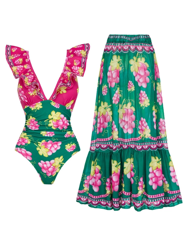 Set ng Isang Pirasong Maxi Skirt na May Ruffles at Ruched