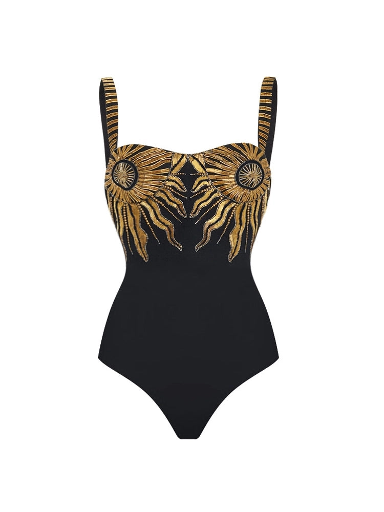 Traje de baño de una pieza con girasol de lentejuelas