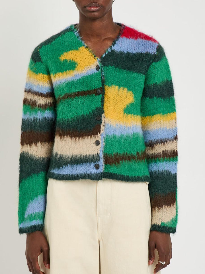 Whimsical Artistry Multicolor Abstract Knit Cardigan