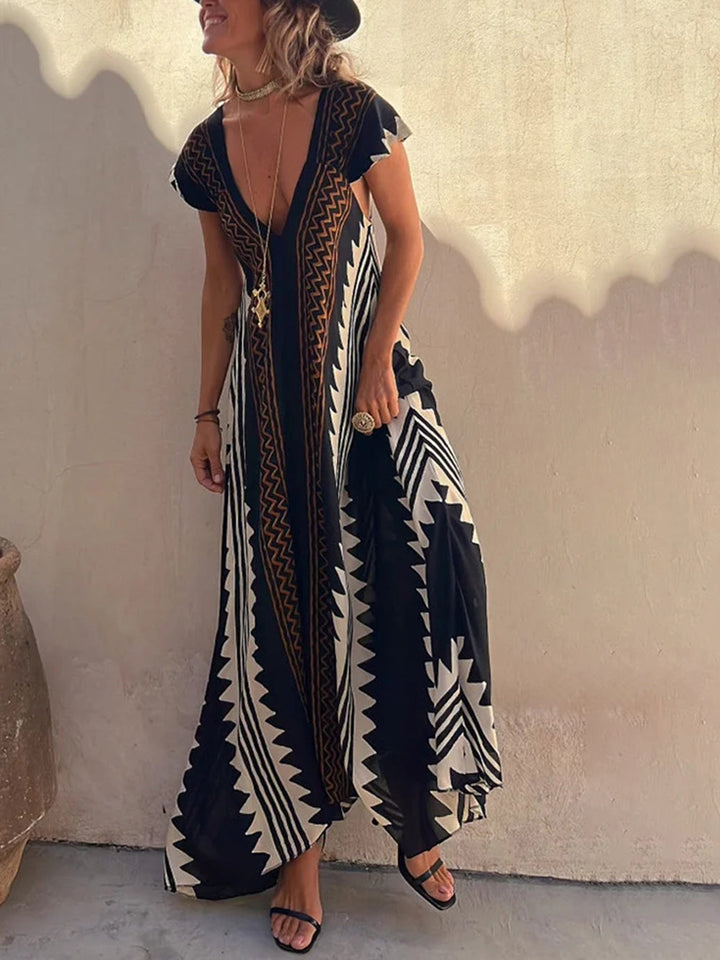 Shannon Bohemian Aztek Desenli Uzun Elbise