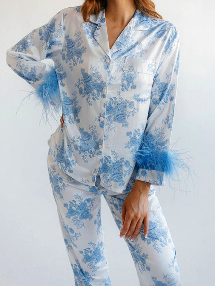 Blue Floral Print Satin Pajama Set