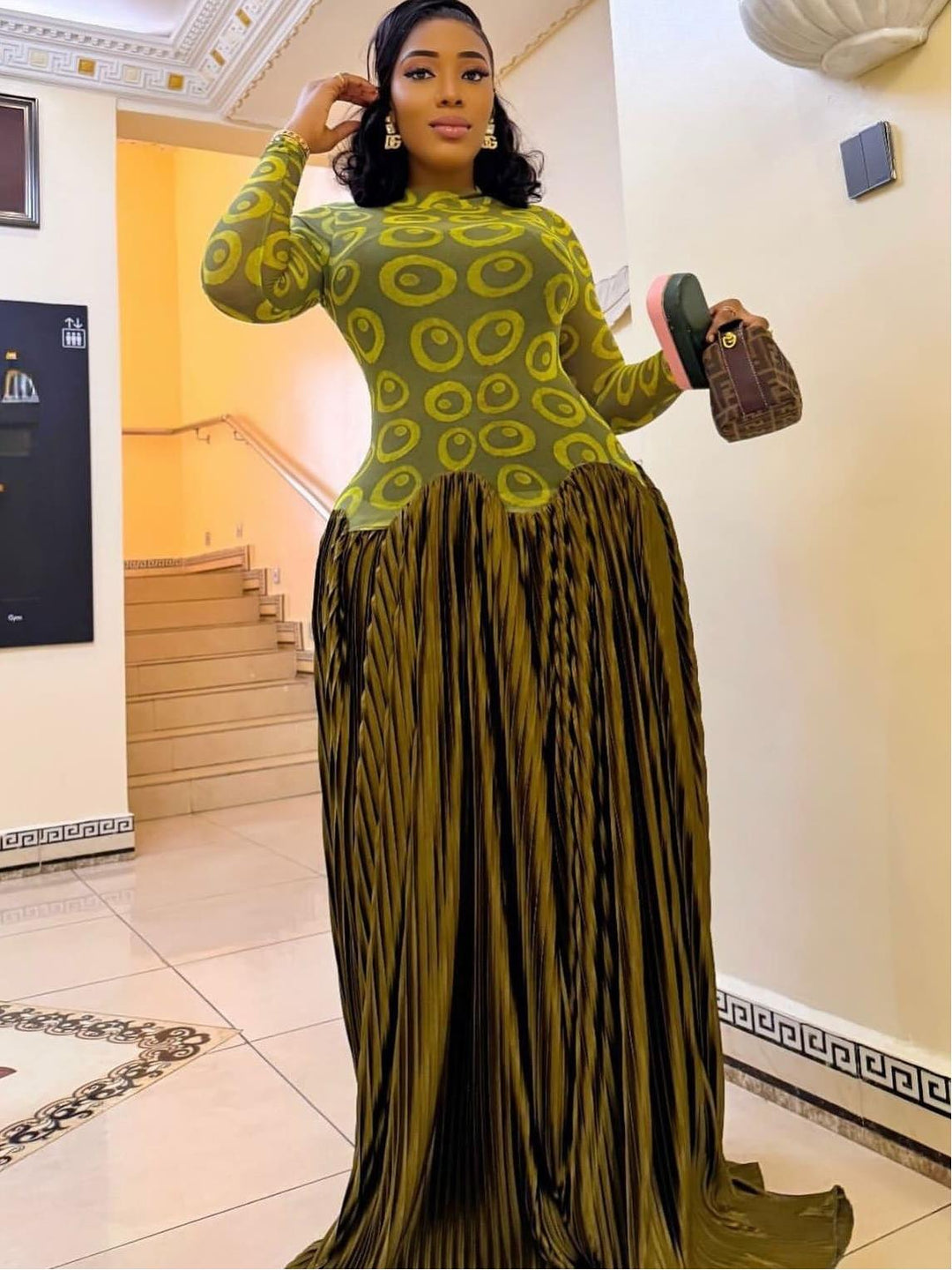 Mesh Panel Retro Pleated Maxi Dress