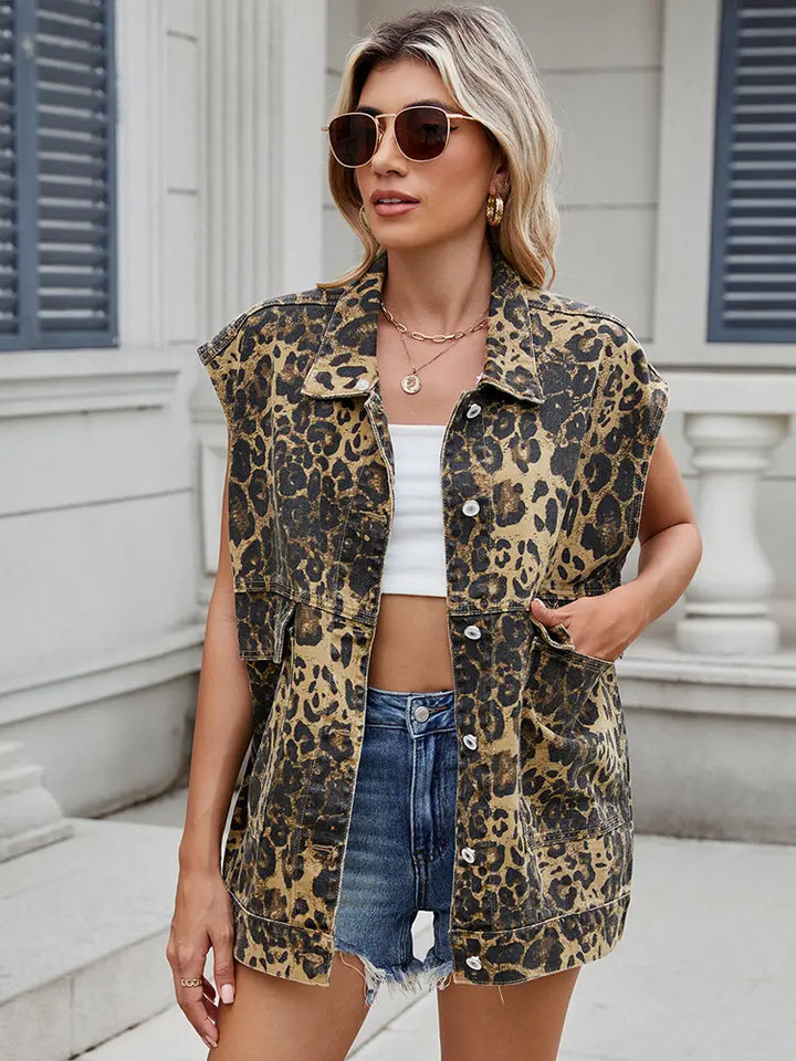 Løs Pasform Leopardprint Denim Vest