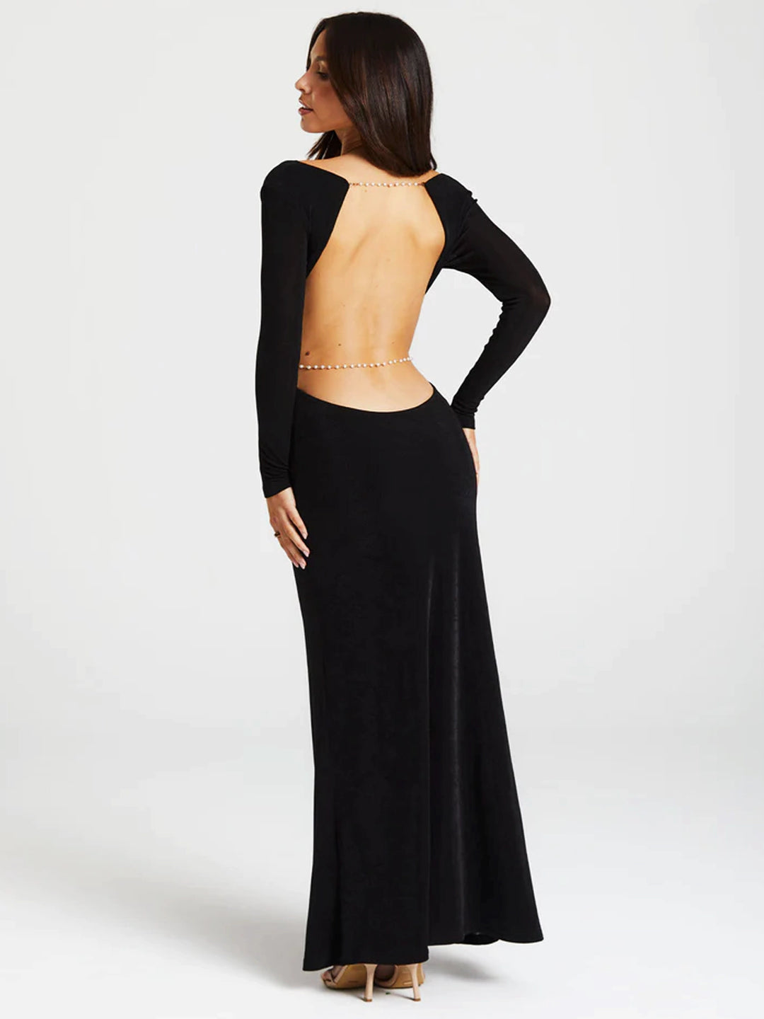 Pearl Chain Backless Fitted Maxi Dress