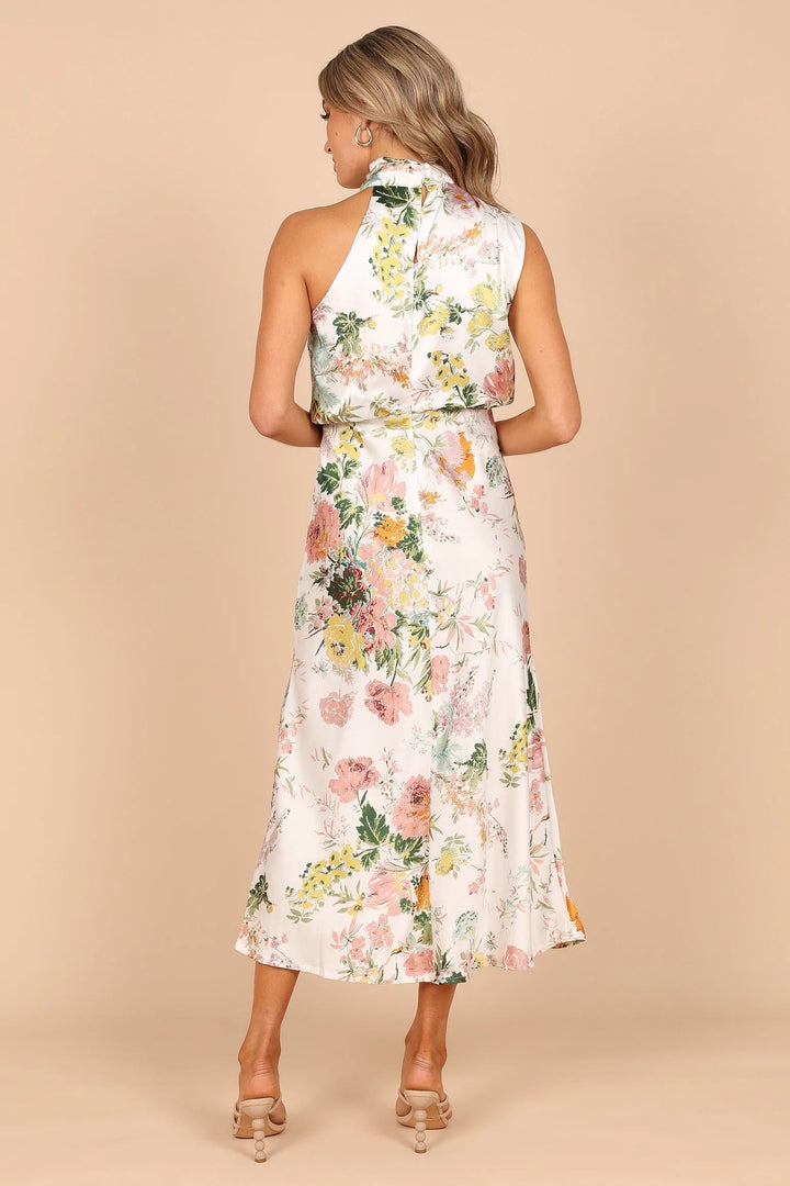 Wine Country Dates Vestido maxi floral com gola halter e cintura elástica