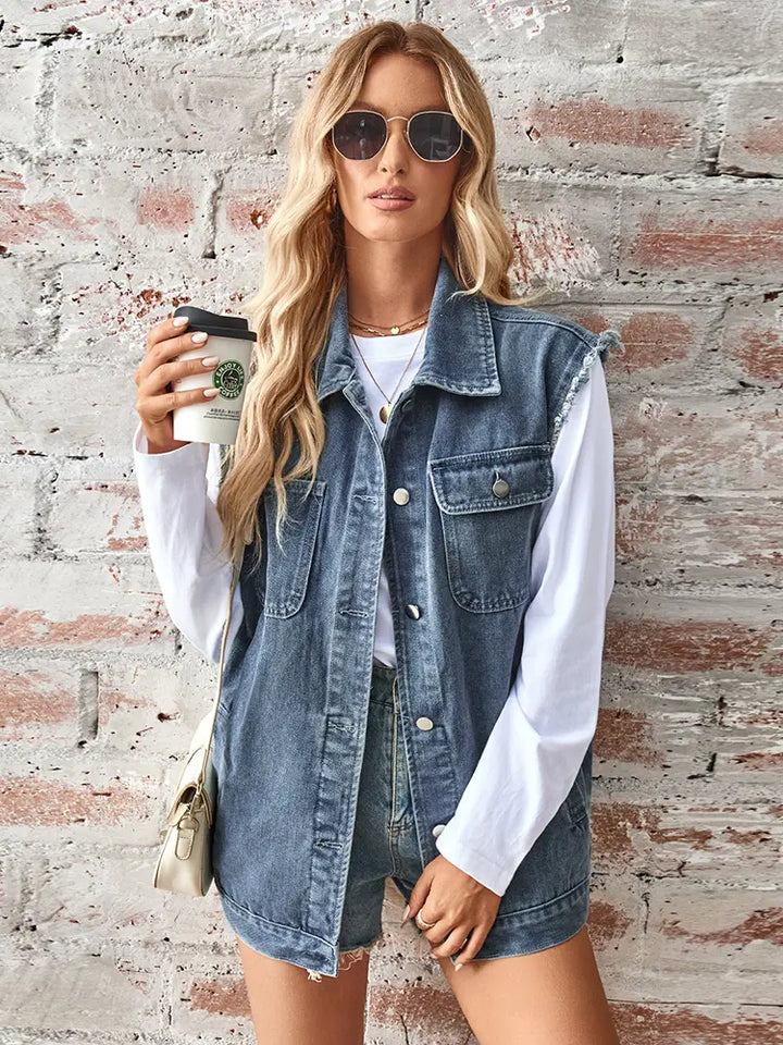 "Washed Denim Sleeveless Cardigan"