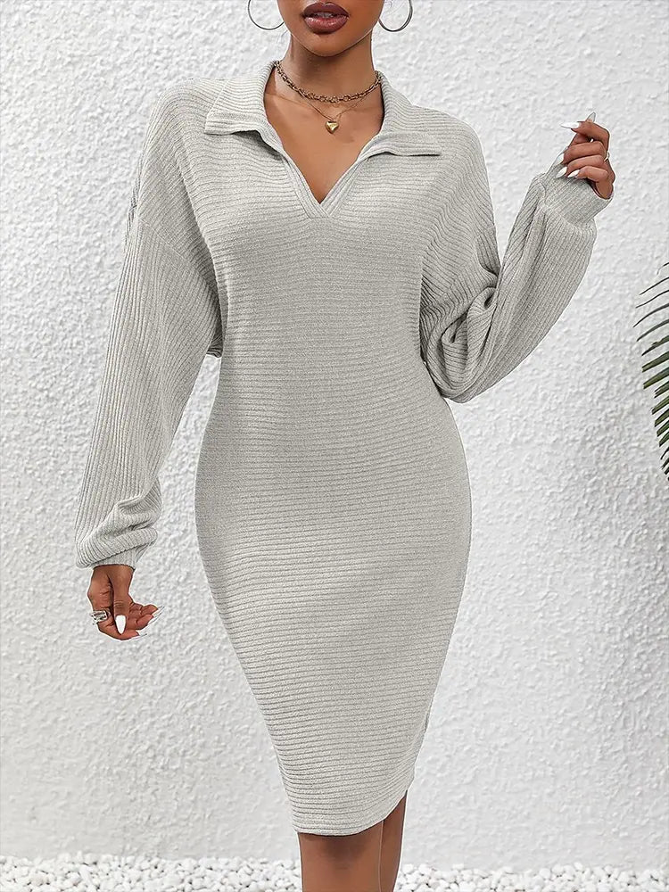 Knit Long-Sleeve V-Neck Bodycon Dress