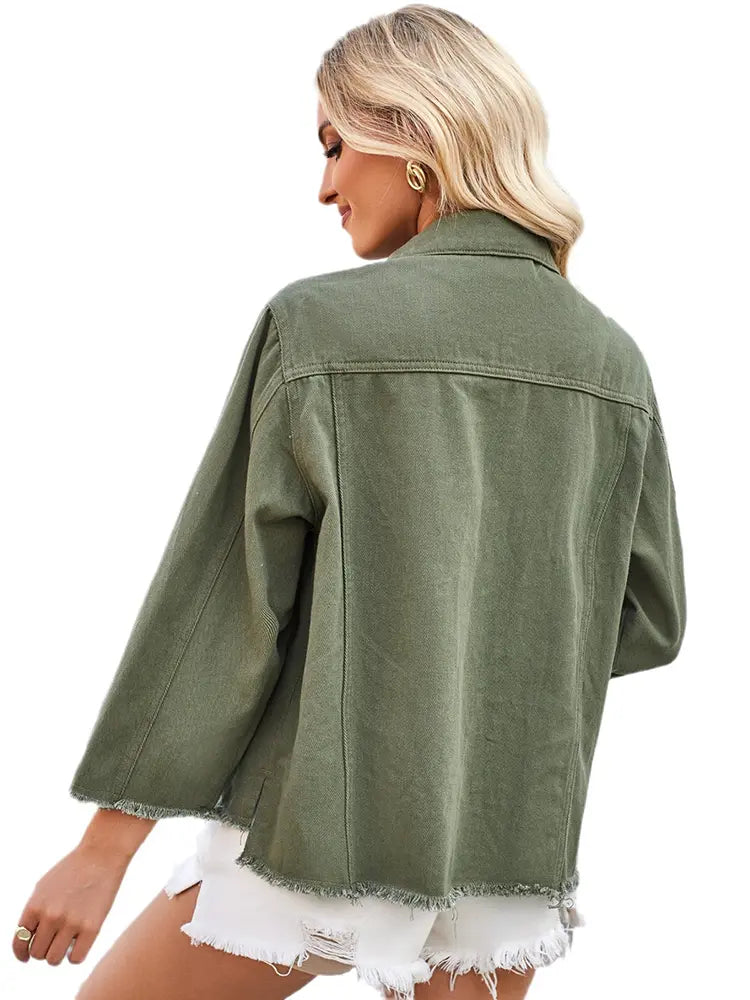 Chaqueta de mezclilla verde ejército de corte holgado lavada