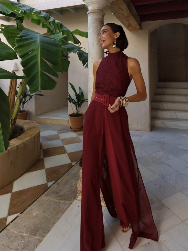 Tuta a gamba larga in pizzo bordeaux con set