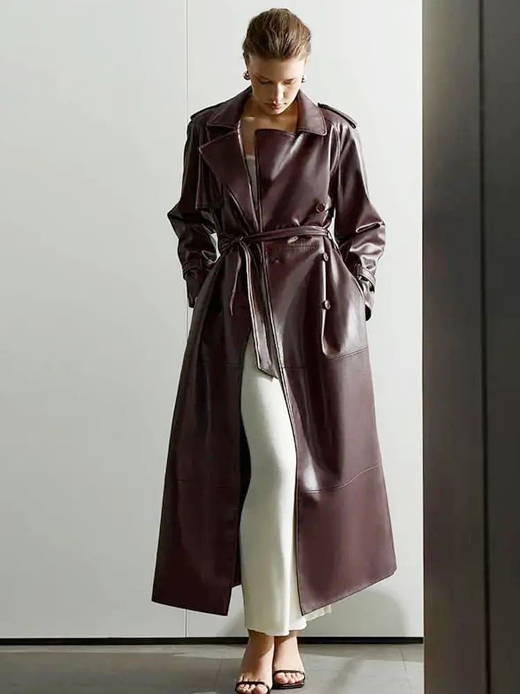 Lapel PU-lær trenchcoat med belte i midjen