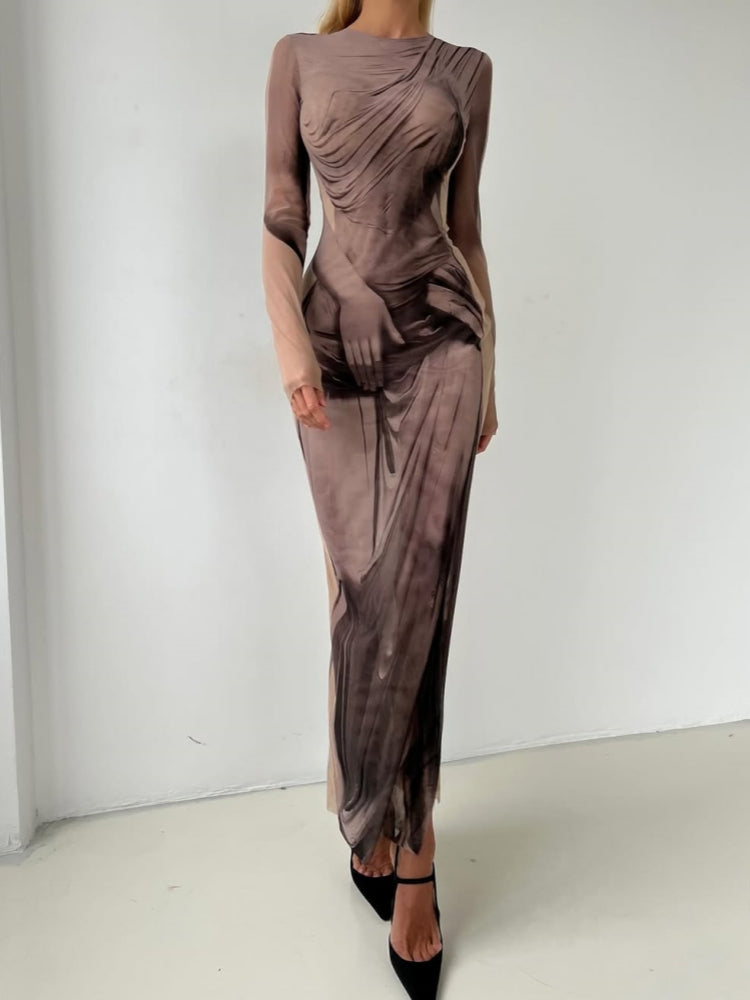 Painted-Effect Mesh Maxi Dress