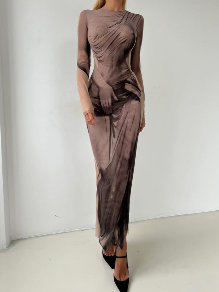 Painted-Effect Mesh Maxi Dress