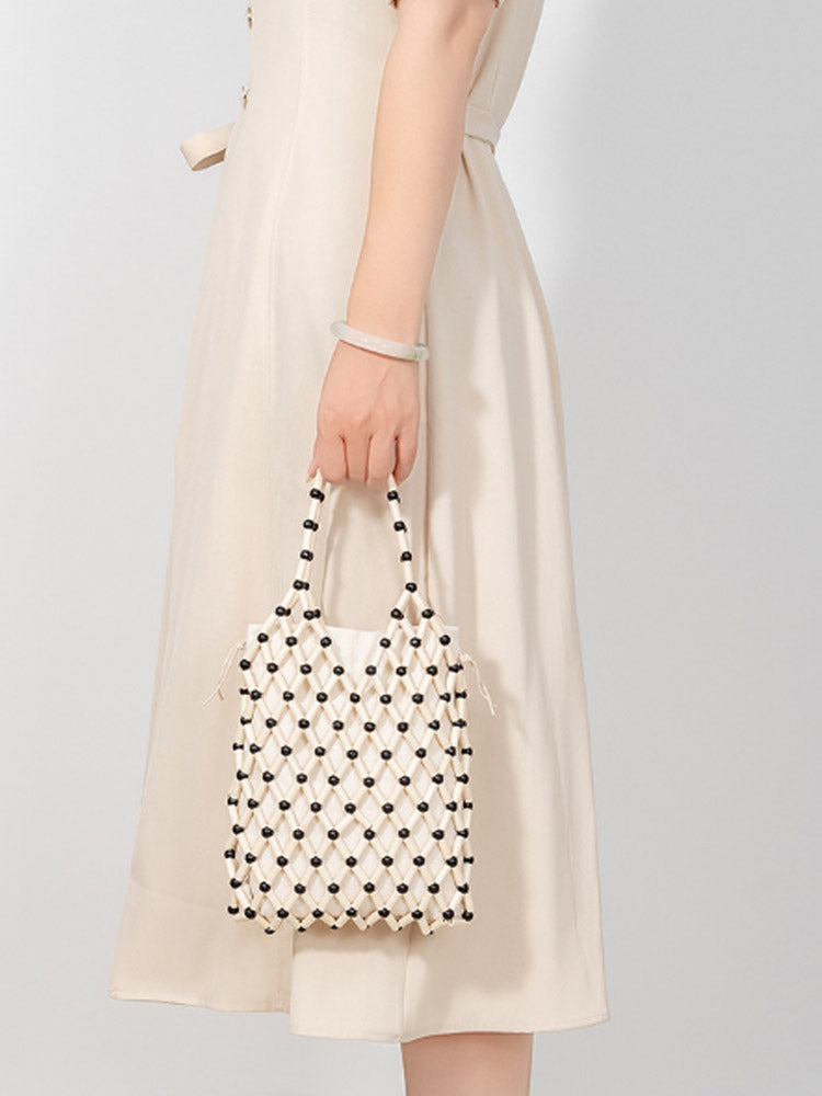 Hollow-Out Wooden Bead Woven Tote Bag