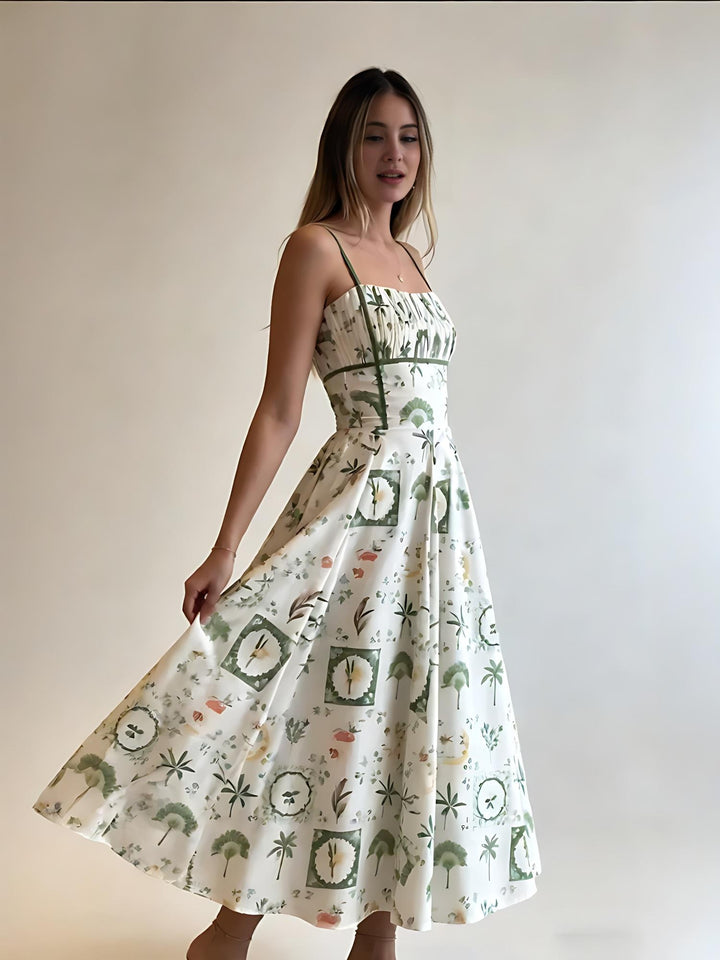 Robe midi smockée à imprimé botanique vert