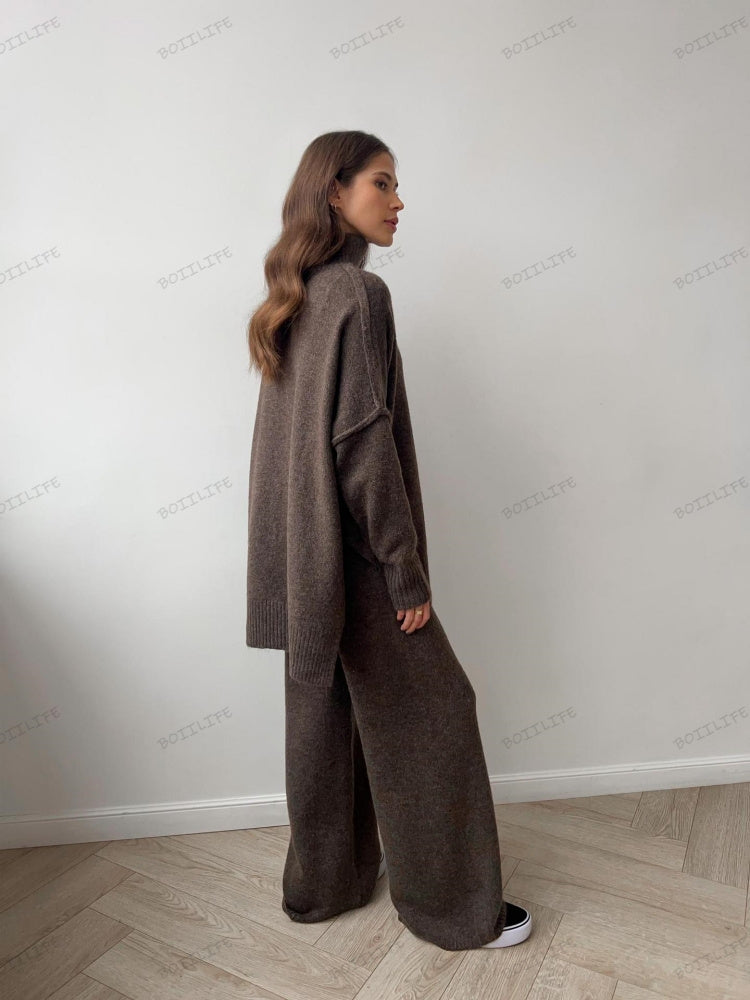 Turtleneck Split Sweater Loose Knit Pants Set