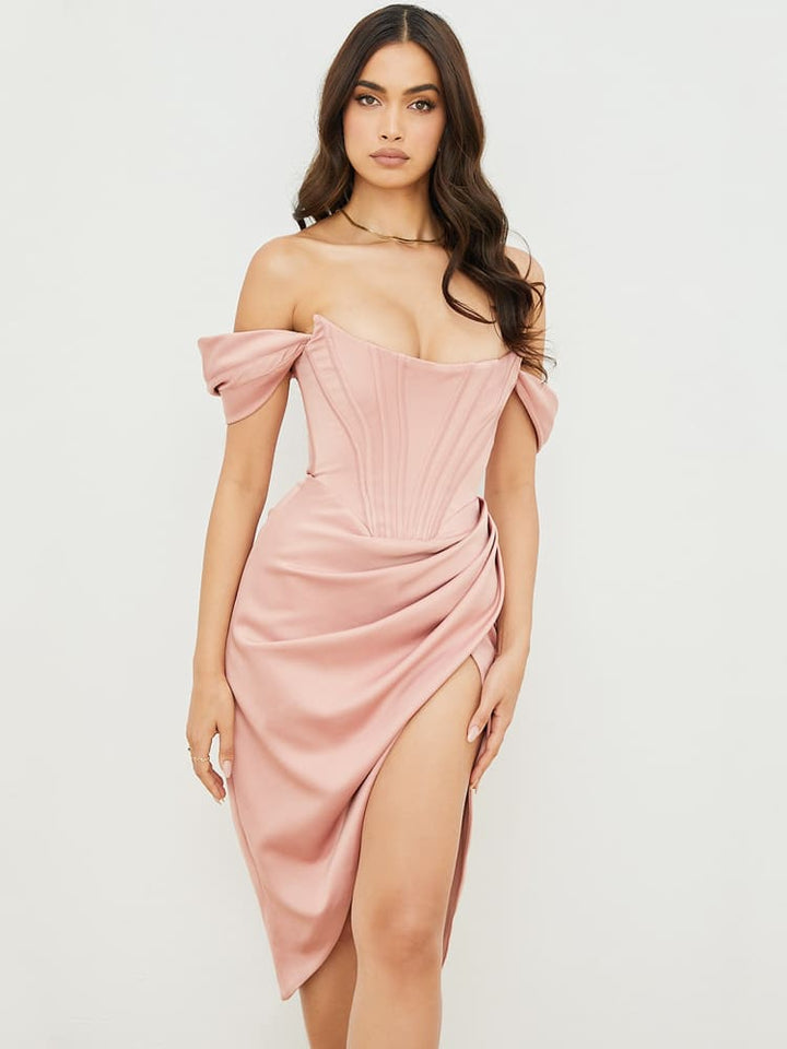 Robe Midi Moulante Corset à Epaules Dénudées - Rose Nude