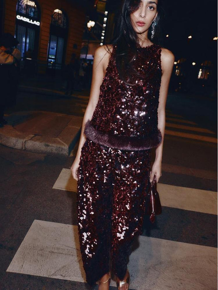 Sequined Faux Fur Hem Top & Pants Set