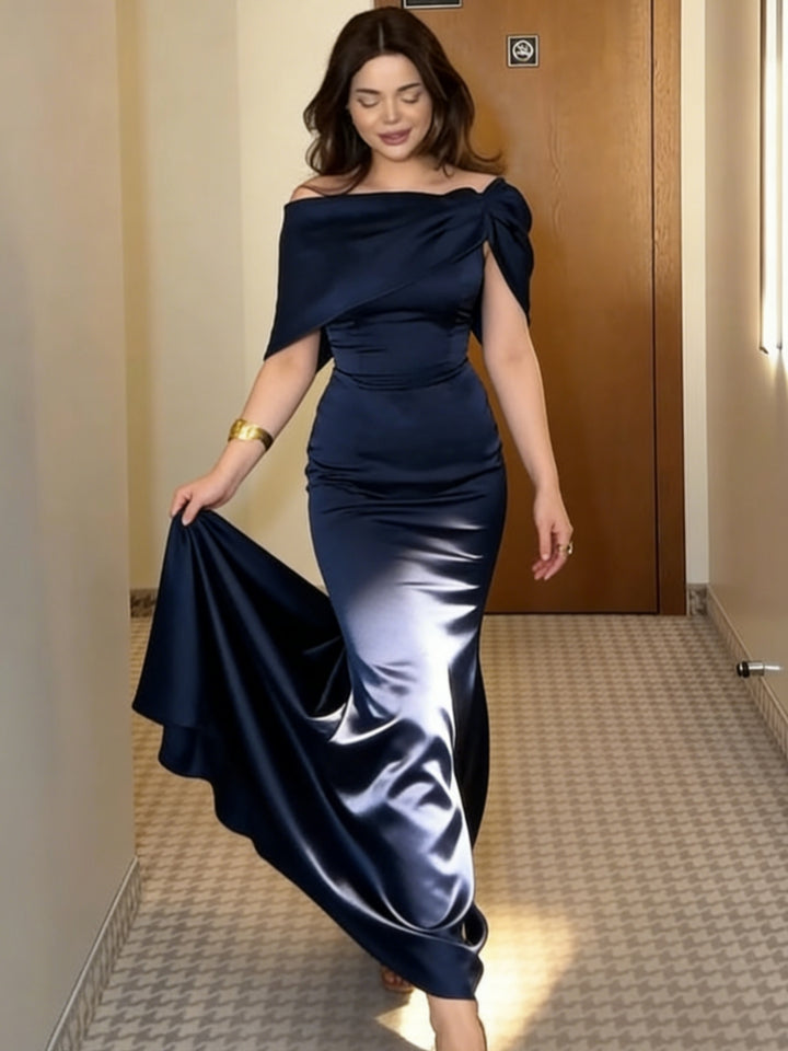 Navy Satin One-Shoulder Draped Column Gown