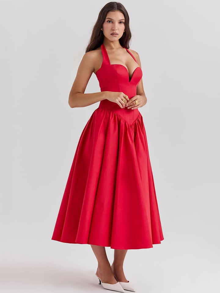 Vestido Midi com Decote Halter e Fenda Lateral - Vermelho Escarlate