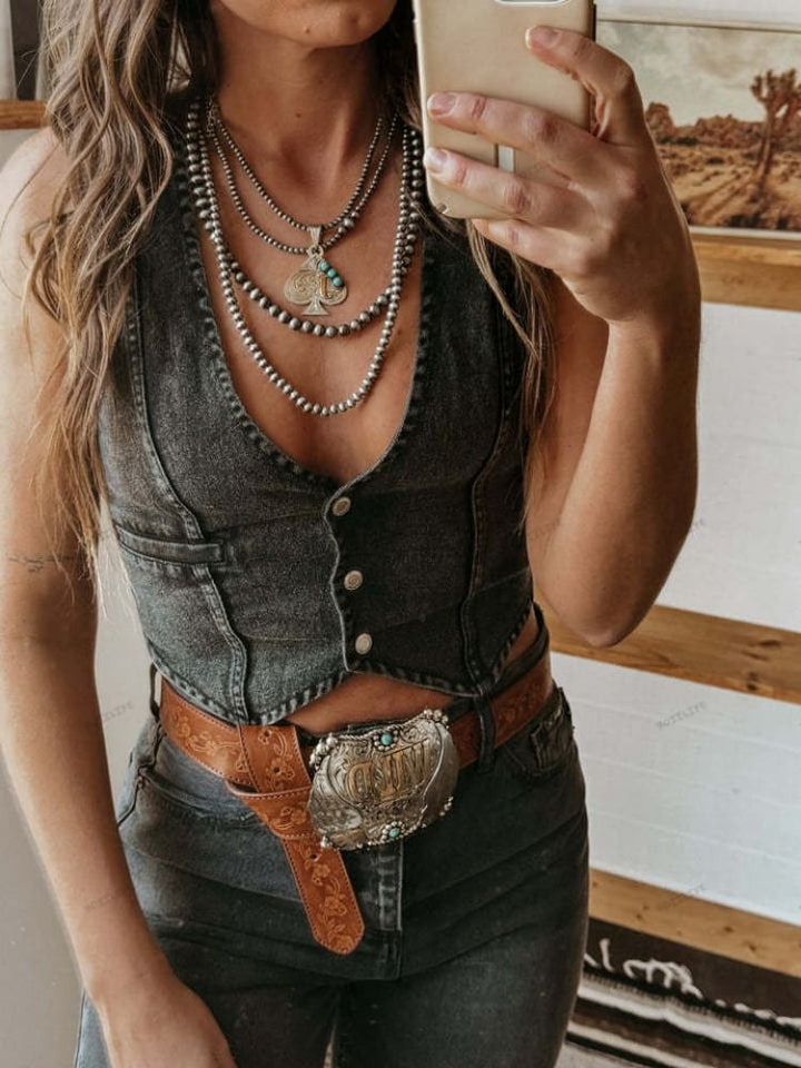 Western Vintage Washed Denim Vest