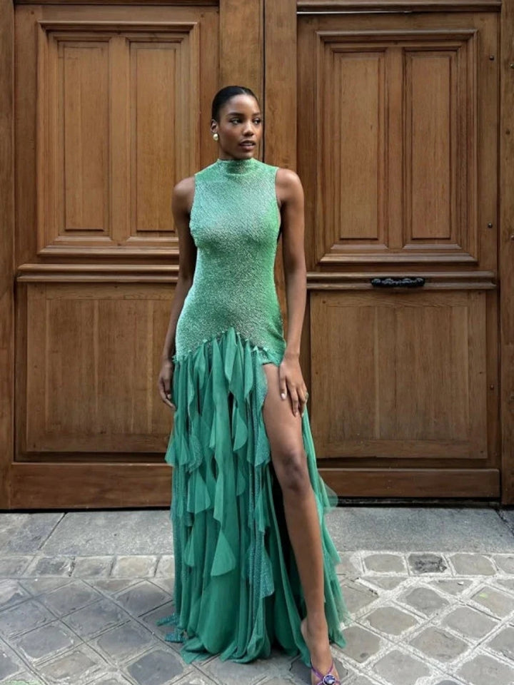 Vestido de Festa Ballbella Verde Longo em Tule Sem Mangas com Fenda