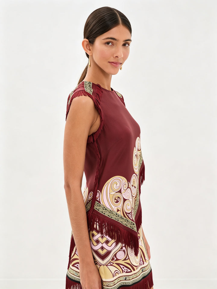 Sæt med top med tørklædefrynser og mini-foulard-nederdel