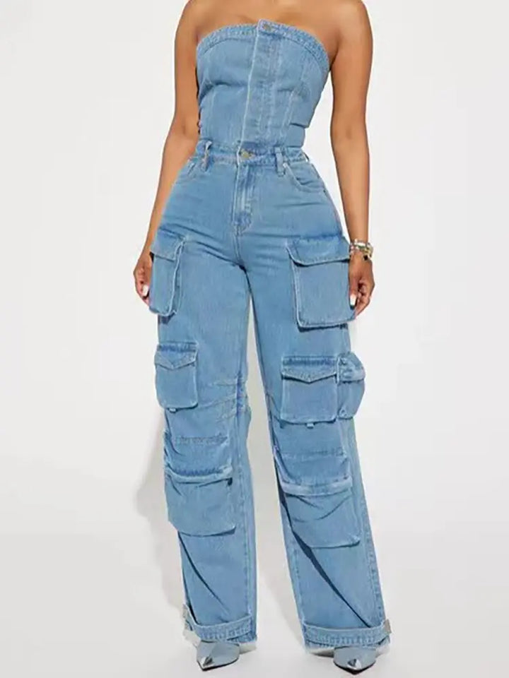 Street Style Strapless Denim Jumpsuit