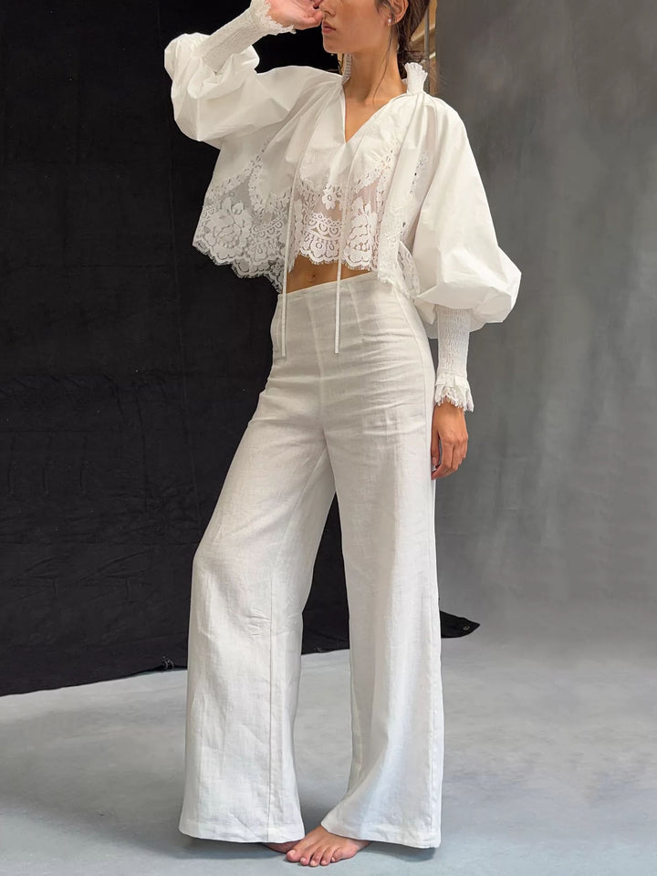 Lace Inset Long-Sleeve Blouse