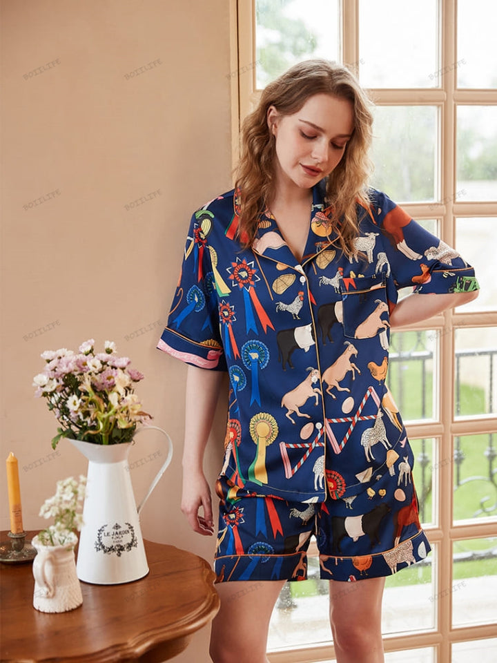 Conjunto de Loungewear Curto com Estampa de Animais em Desenho Animado Fofo