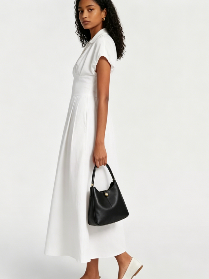 White V-Neck Puff Sleeve Midi Dress