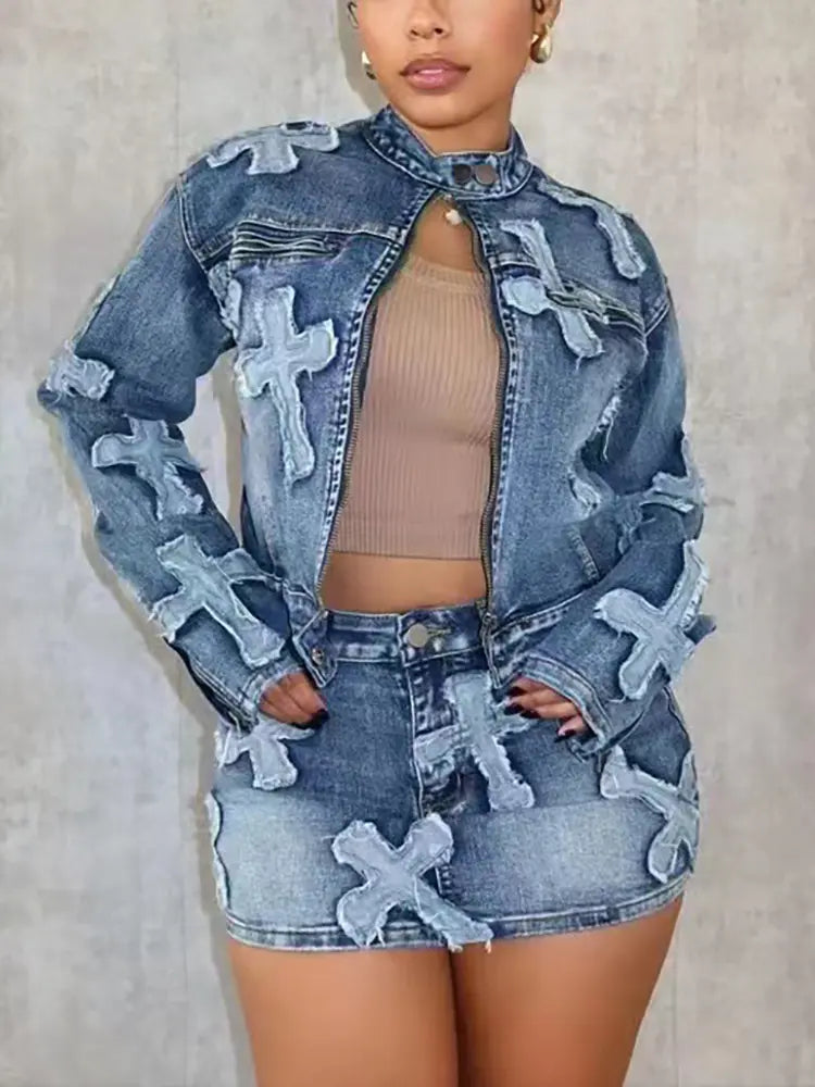 Set fustă și jachetă din denim de designer