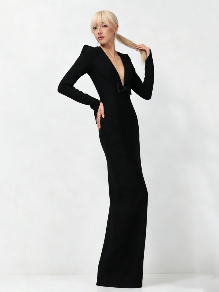 Black Deep V Bow Formal Gown